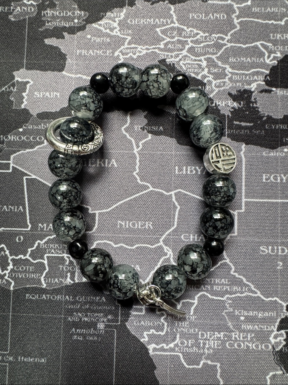 Womens Snowflake Obsidian Beaded Bracelet with Silver Accents